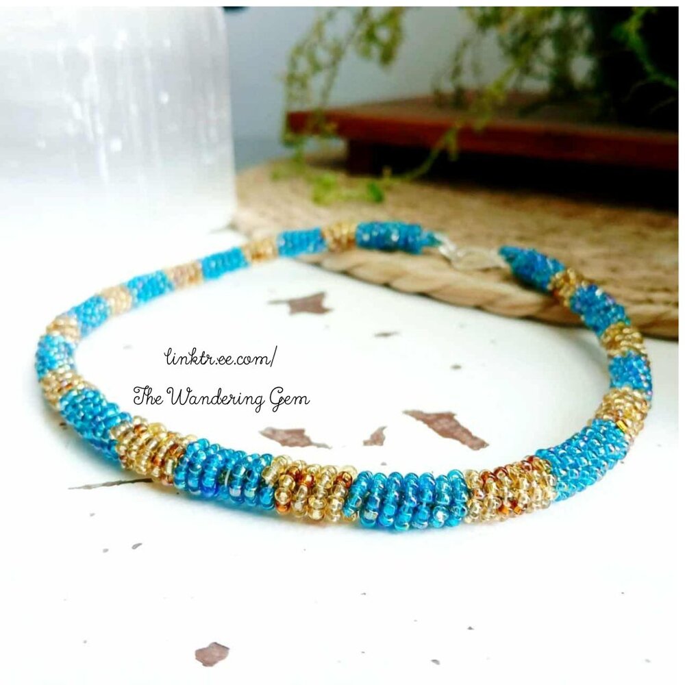 Beaded Rope Choker Necklace, Blue & Gold Seed Bead Jewelry, Boho Statement